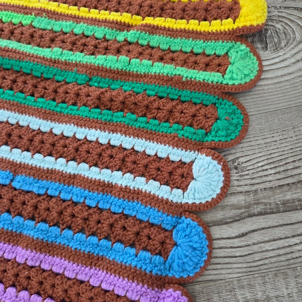 Vintage Handmade Crochet Rainbow Stripe Blanket Brown Scalloped Edge Retro 68x60